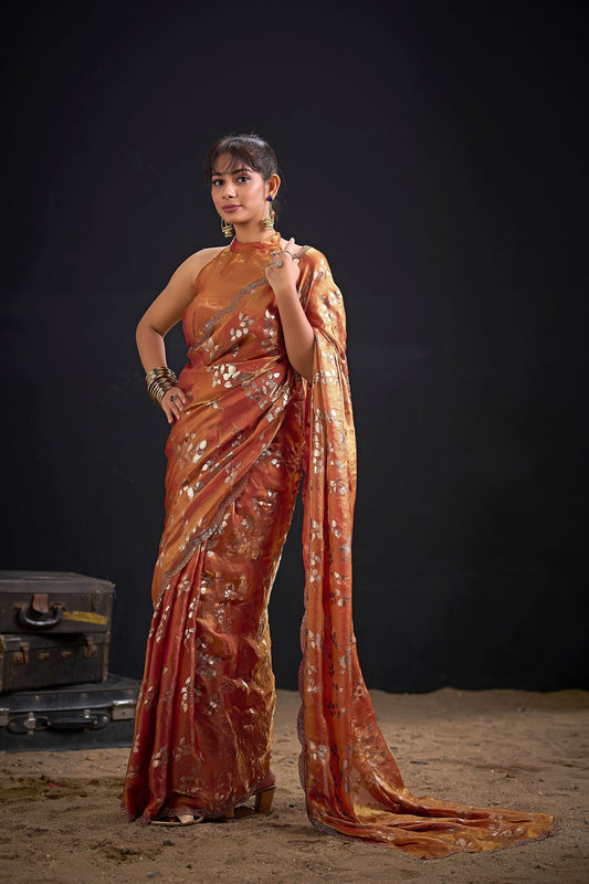 Premium Rust Orange Fendy Silk Two-Tone Hand Work Zircon Saree for Women