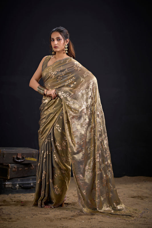 Graceful Olive Green Fendy Silk Two-Tone Hand Work Zircon Saree for Women