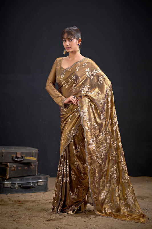 Stunning Brown Fendy Silk Two-Tone Heavy Hand Work Zircon Saree for Women