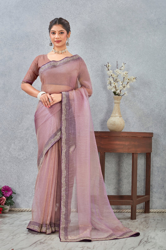 Elegant Mauve Silk Heavy Hand Work Zircon Saree for Women