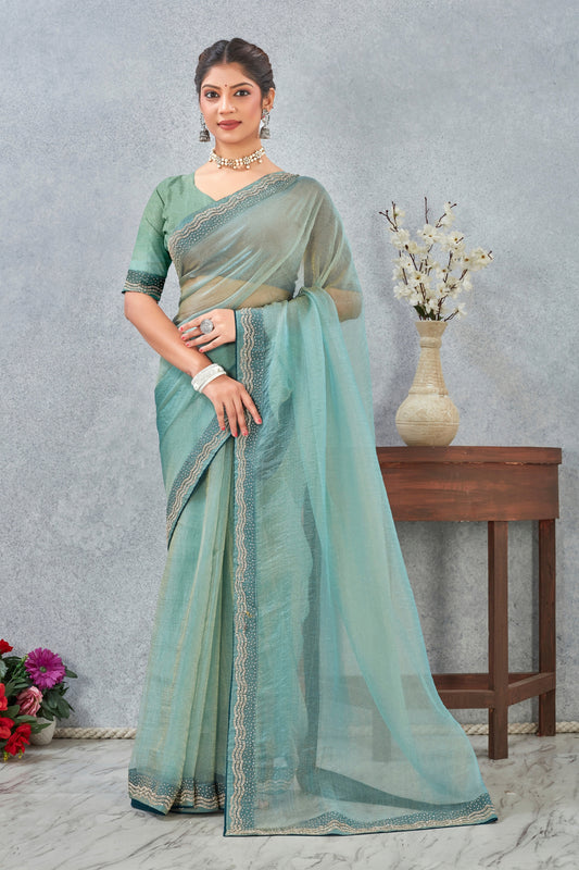 Graceful Teal Green Silk Heavy Hand Work Zircon Saree for Women