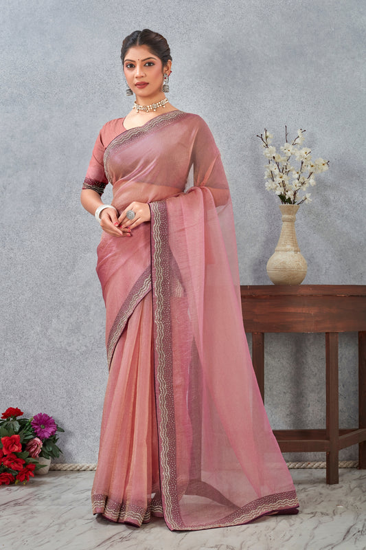 Beautiful Rose Pink Silk Heavy Hand Work Zircon Saree for Women