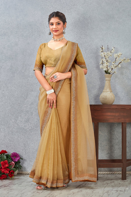 Luxury Golden Silk Heavy Hand Work Zircon Saree for Women