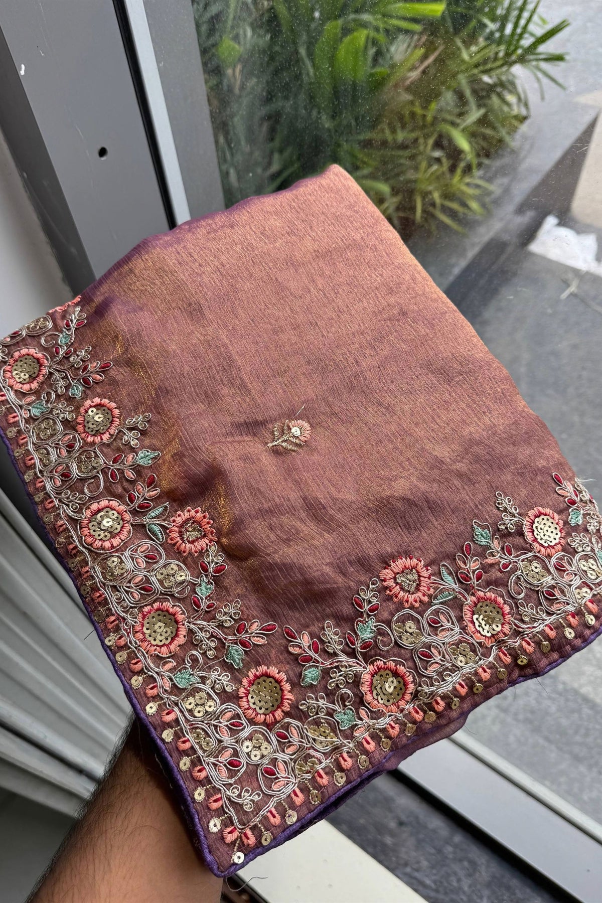 Lovely Mauve Fendy Silk Embroidery Work Saree with Floral Border for Women
