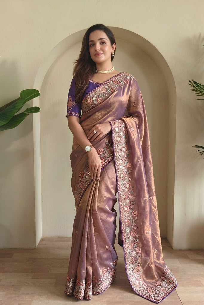 Lovely Mauve Fendy Silk Embroidery Work Saree with Floral Border for Women