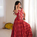 Stunning Red Multicolor Rayon Embroidered Indo Western Navratri Lehenga Choli for Women