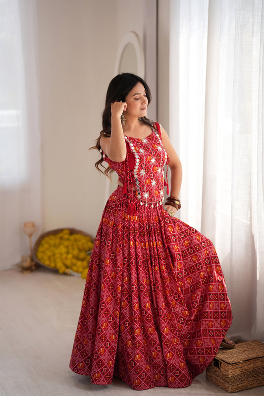 Stunning Red Multicolor Rayon Embroidered Indo Western Navratri Lehenga Choli for Women