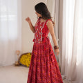 Stunning Red Multicolor Rayon Embroidered Indo Western Navratri Lehenga Choli for Women