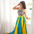 Stylish Teal Blue and Yellow Rayon Printed Indo Western Navratri Lehenga Choli for Women
