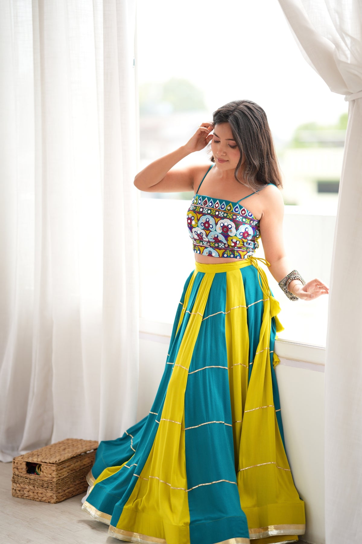 Stylish Teal Blue and Yellow Rayon Printed Indo Western Navratri Lehenga Choli for Women