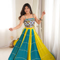 Stylish Teal Blue and Yellow Rayon Printed Indo Western Navratri Lehenga Choli for Women