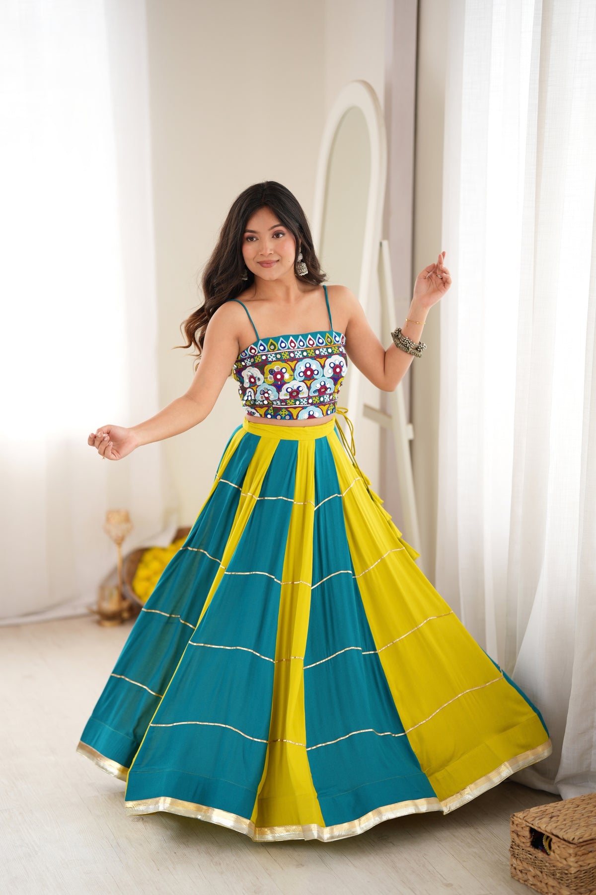 Stylish Teal Blue and Yellow Rayon Printed Indo Western Navratri Lehenga Choli for Women