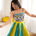 Stylish Teal Blue and Yellow Rayon Printed Indo Western Navratri Lehenga Choli for Women