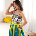 Stylish Teal Blue and Yellow Rayon Printed Indo Western Navratri Lehenga Choli for Women