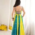 Stylish Teal Blue and Yellow Rayon Printed Indo Western Navratri Lehenga Choli for Women