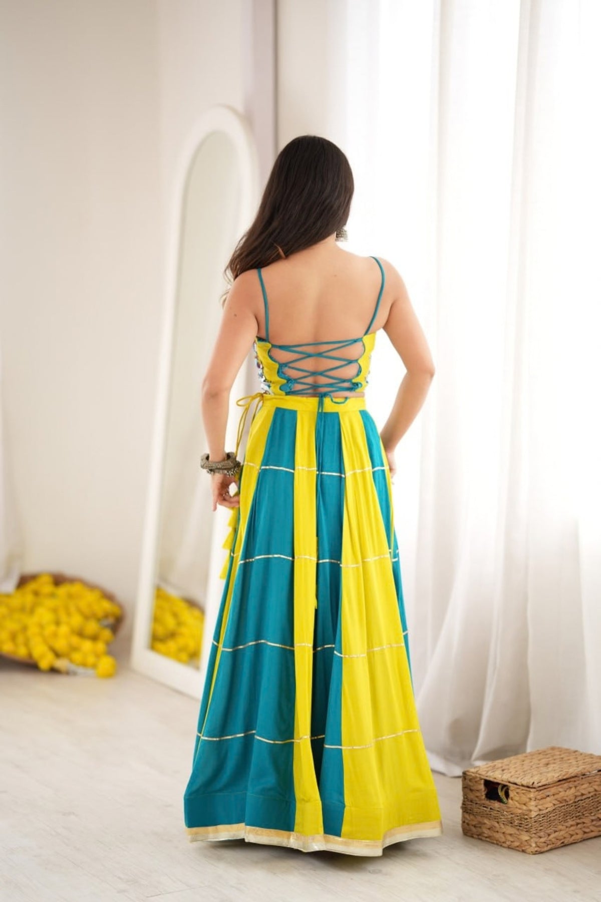 Stylish Teal Blue and Yellow Rayon Printed Indo Western Navratri Lehenga Choli for Women