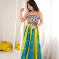 Stylish Teal Blue and Yellow Rayon Printed Indo Western Navratri Lehenga Choli for Women