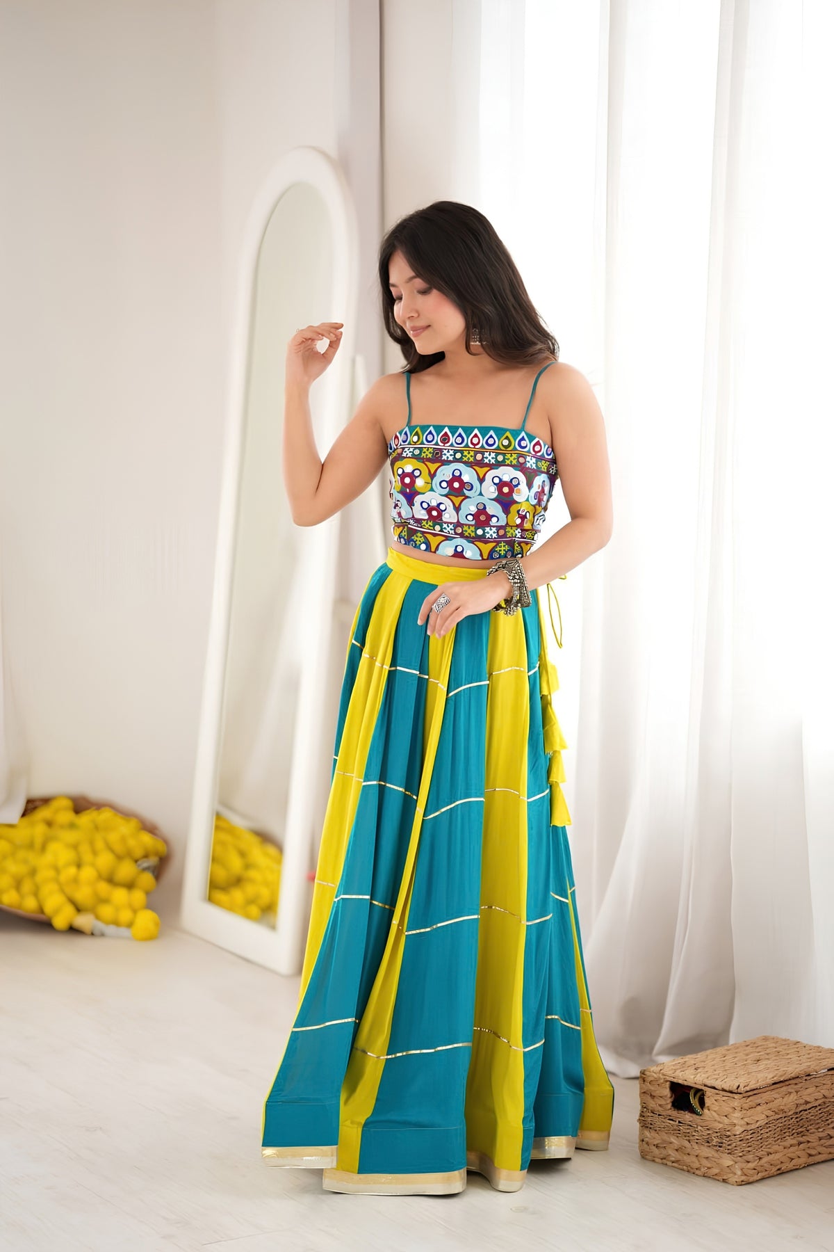 Stylish Teal Blue and Yellow Rayon Printed Indo Western Navratri Lehenga Choli for Women