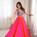 Vibrant Pink and Orange Multicolor Rayon Printed Indo Western Navratri Lehenga Choli for Women