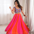 Vibrant Pink and Orange Multicolor Rayon Printed Indo Western Navratri Lehenga Choli for Women