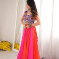 Vibrant Pink and Orange Multicolor Rayon Printed Indo Western Navratri Lehenga Choli for Women