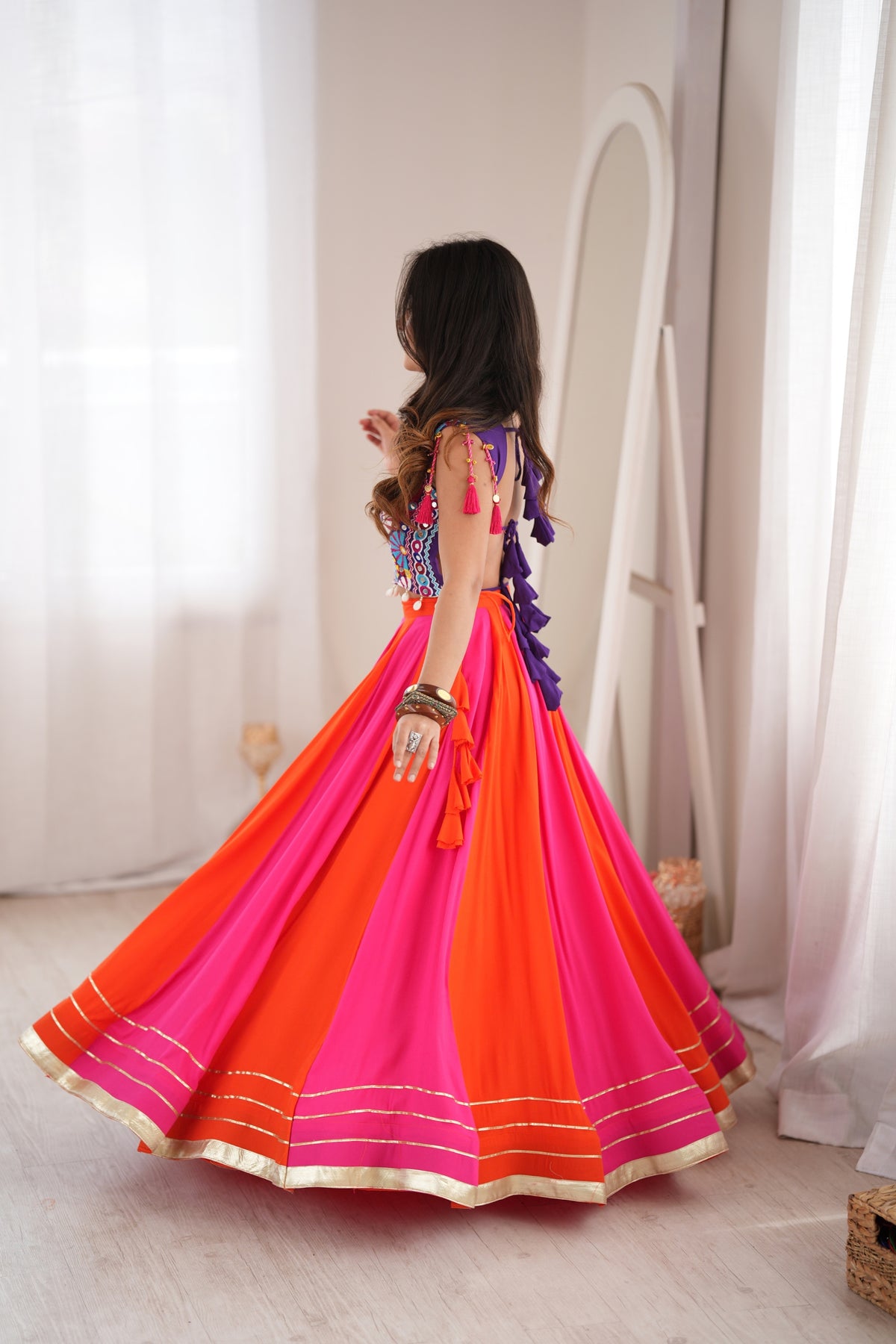 Vibrant Pink and Orange Multicolor Rayon Printed Indo Western Navratri Lehenga Choli for Women