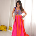 Vibrant Pink and Orange Multicolor Rayon Printed Indo Western Navratri Lehenga Choli for Women