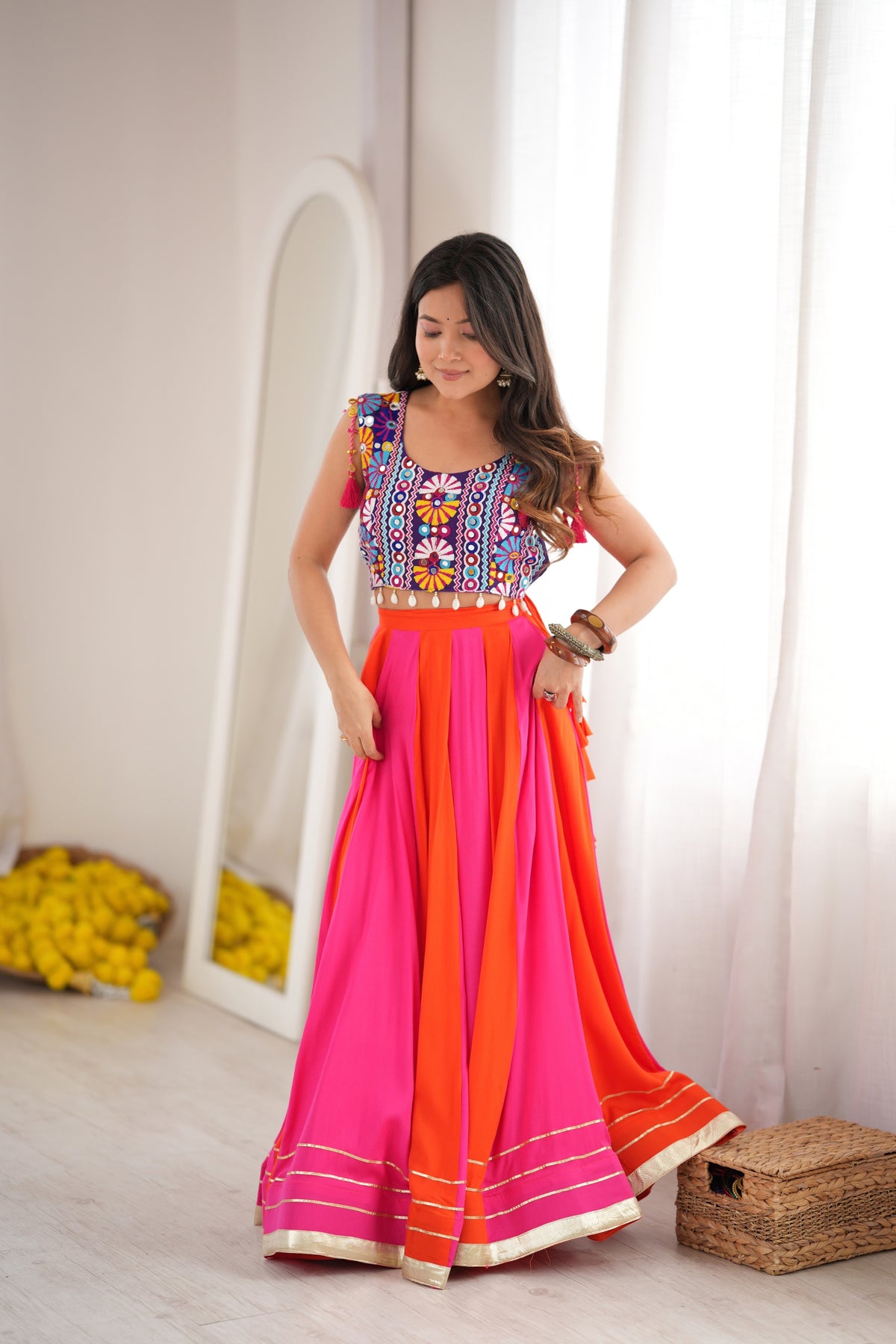 Vibrant Pink and Orange Multicolor Rayon Printed Indo Western Navratri Lehenga Choli for Women