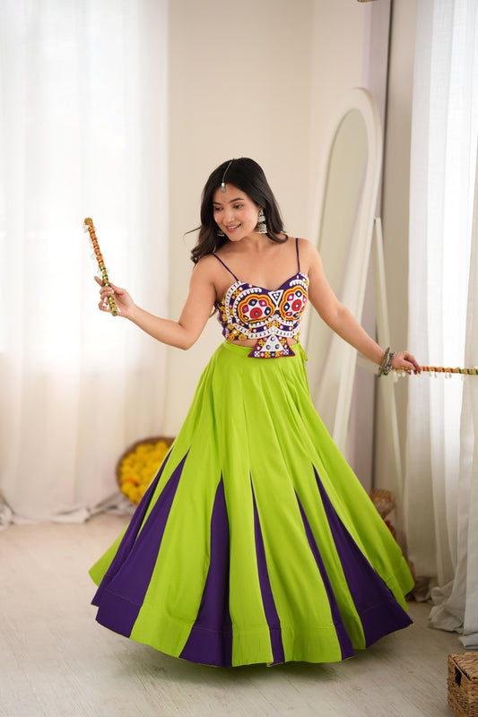 Elegant Lime Green and Purple Rayon Embroidered Indo Western Navratri Lehenga Choli for Women