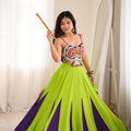 Elegant Lime Green and Purple Rayon Embroidered Indo Western Navratri Lehenga Choli for Women