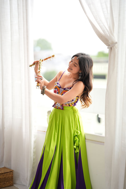 Elegant Lime Green and Purple Rayon Embroidered Indo Western Navratri Lehenga Choli for Women