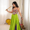 Elegant Lime Green and Purple Rayon Embroidered Indo Western Navratri Lehenga Choli for Women