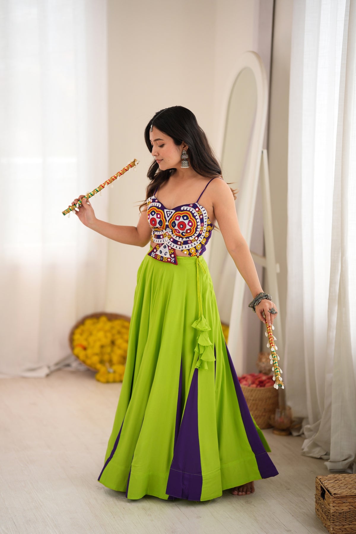Elegant Lime Green and Purple Rayon Embroidered Indo Western Navratri Lehenga Choli for Women