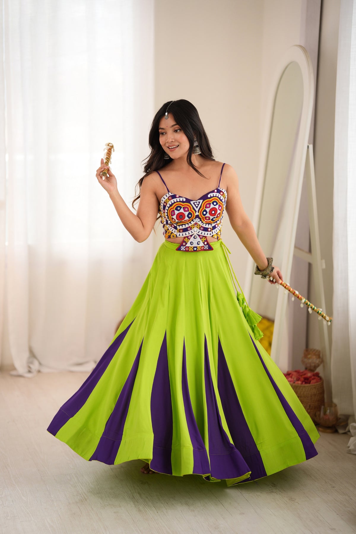 Elegant Lime Green and Purple Rayon Embroidered Indo Western Navratri Lehenga Choli for Women