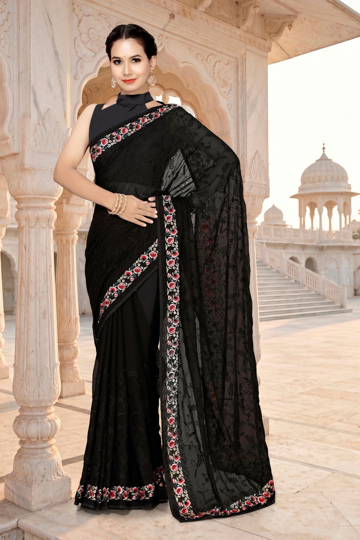 Elegant Black Georgette Heavy Resham Embroidery Work Saree for Women