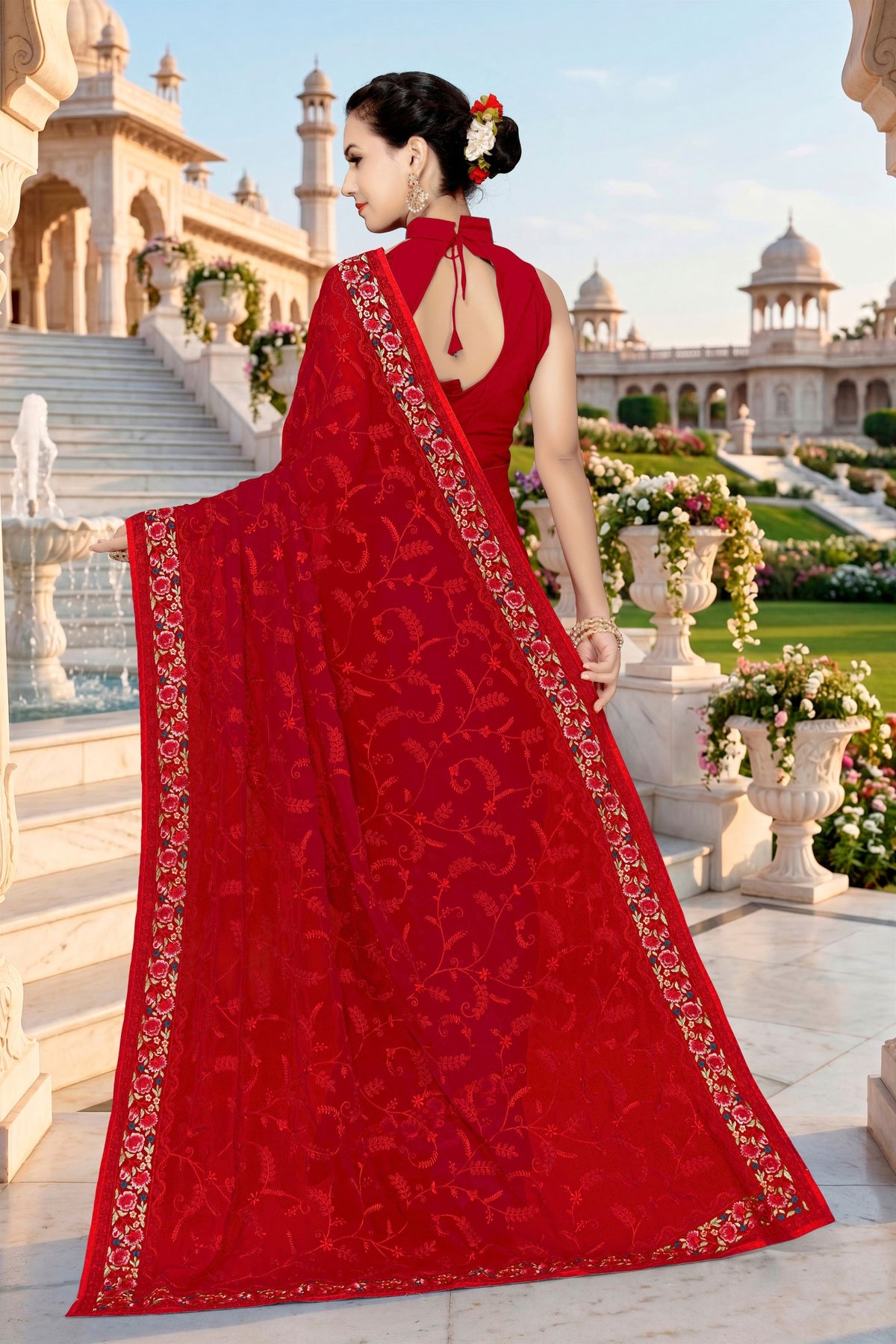 Stylish Red Georgette Heavy Resham Embroidery Work Saree for Women