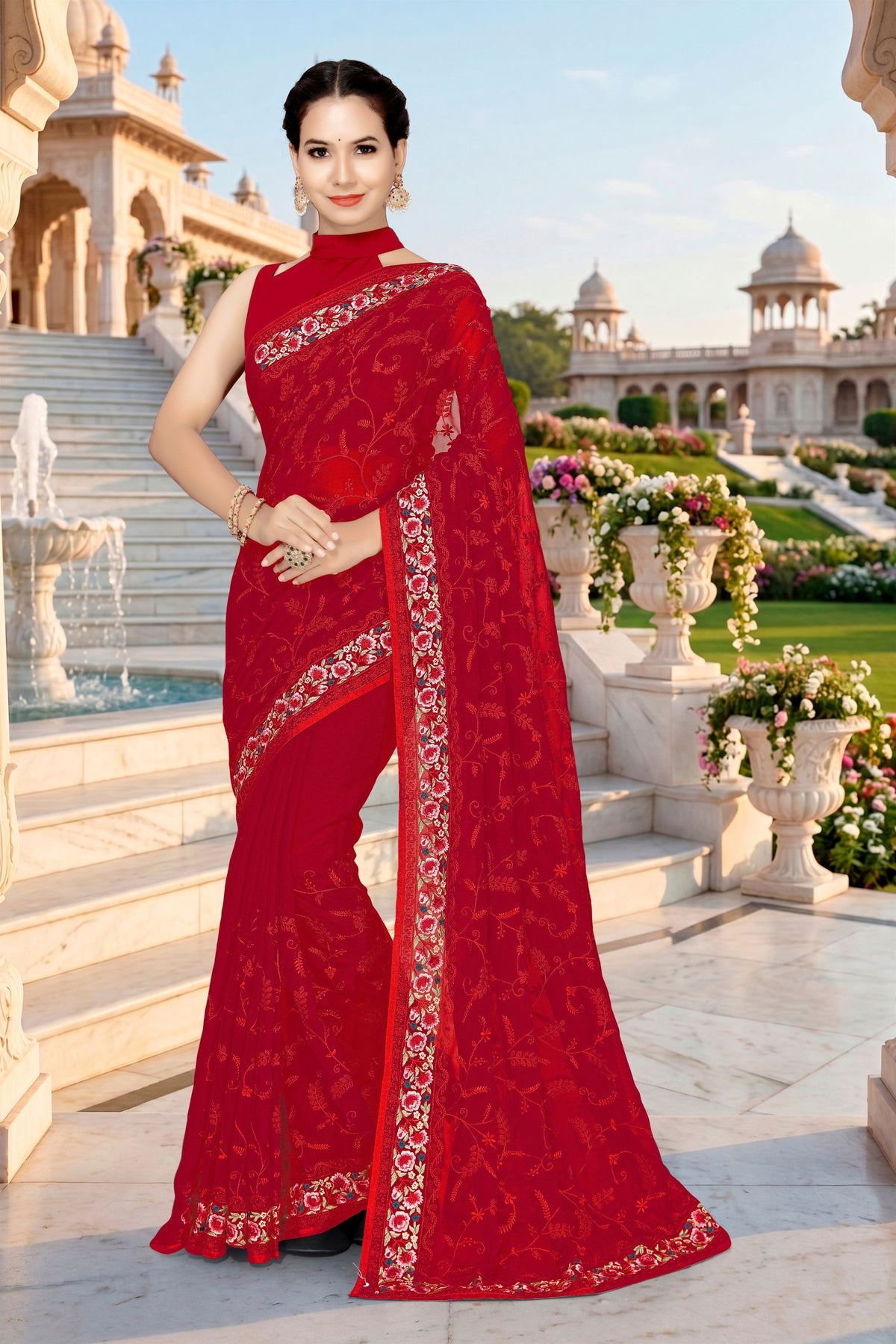 Stylish Red Georgette Heavy Resham Embroidery Work Saree for Women