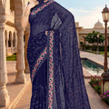 Royal Navy Blue Georgette Heavy Resham Embroidery Work Saree for Women