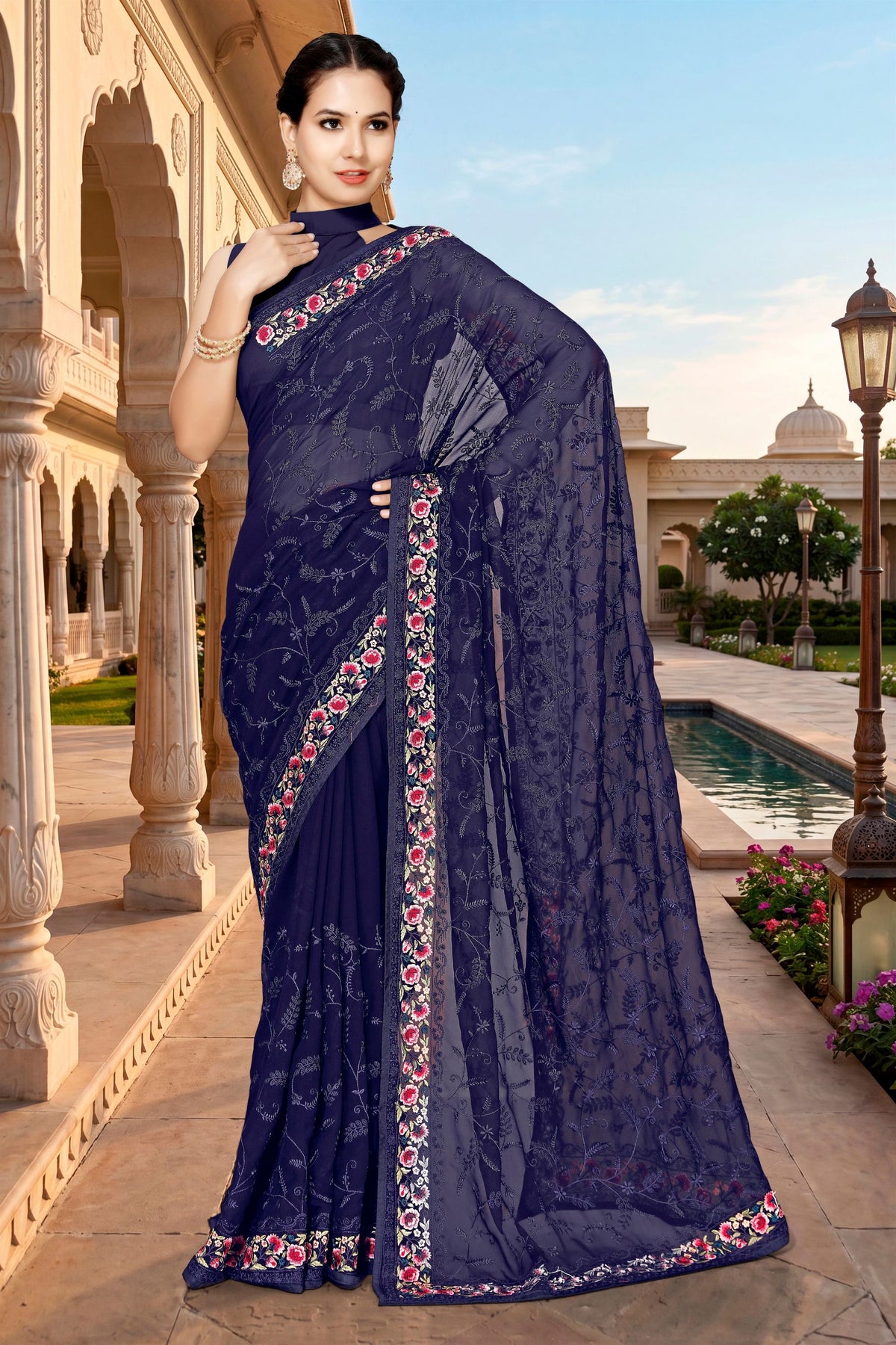 Royal Navy Blue Georgette Heavy Resham Embroidery Work Saree for Women