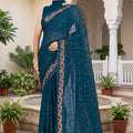 Royal Teal Blue Georgette Heavy Resham Embroidery Work Saree for Women