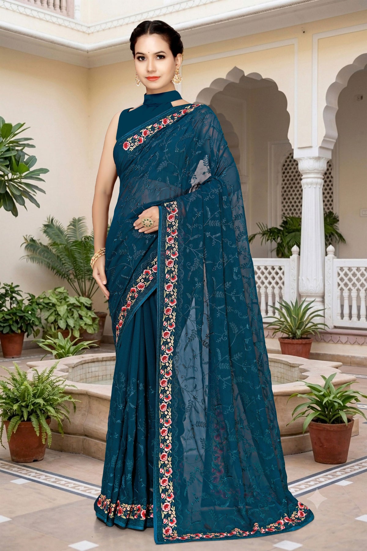 Royal Teal Blue Georgette Heavy Resham Embroidery Work Saree for Women