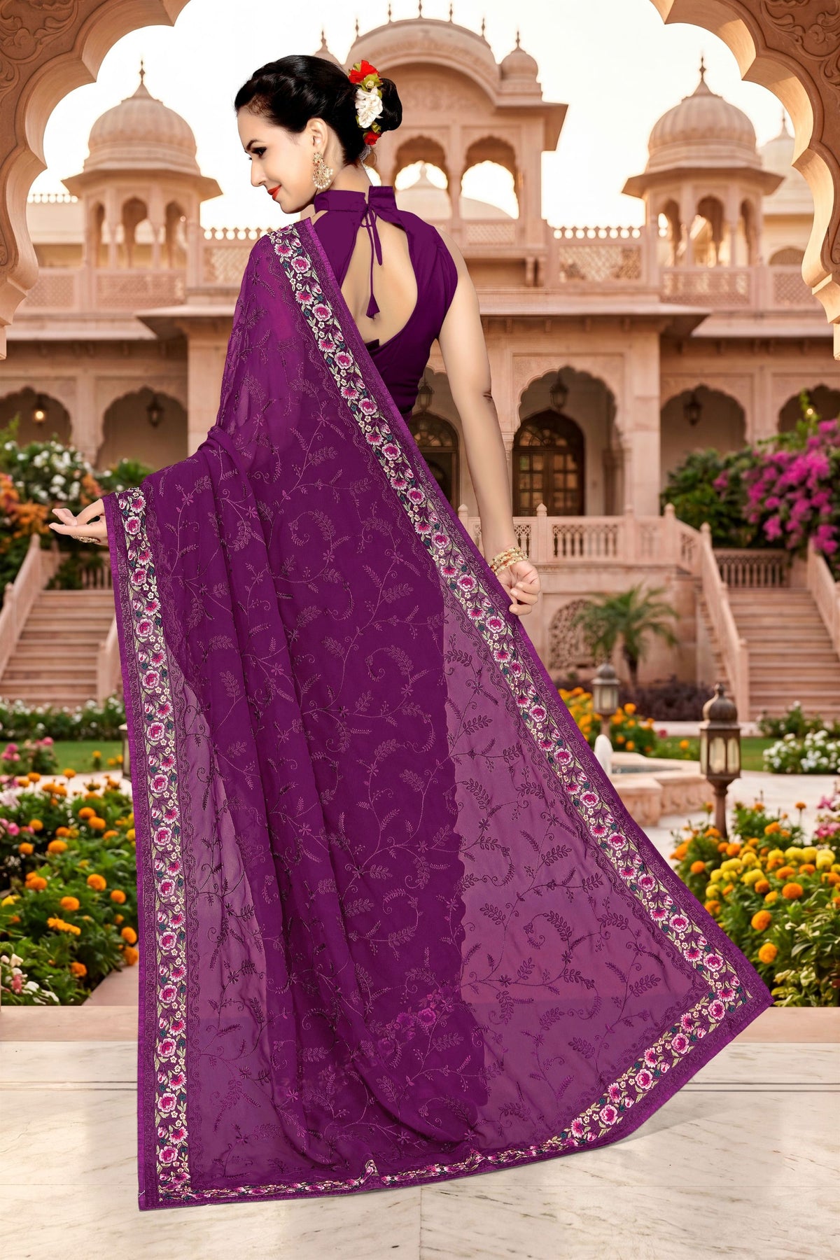 Stylish Purple Georgette Heavy Resham Embroidery Work Saree for Women