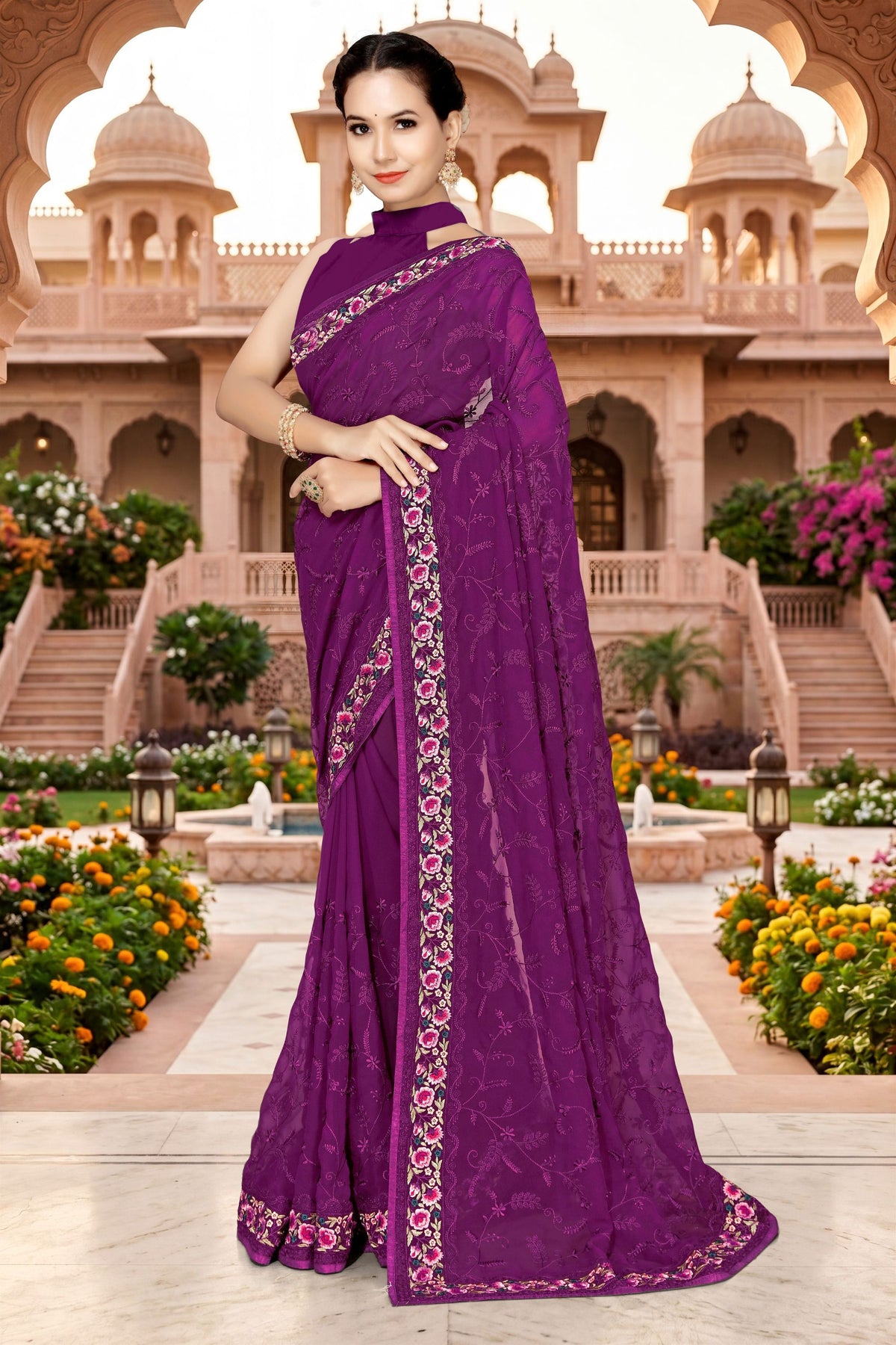 Stylish Purple Georgette Heavy Resham Embroidery Work Saree for Women