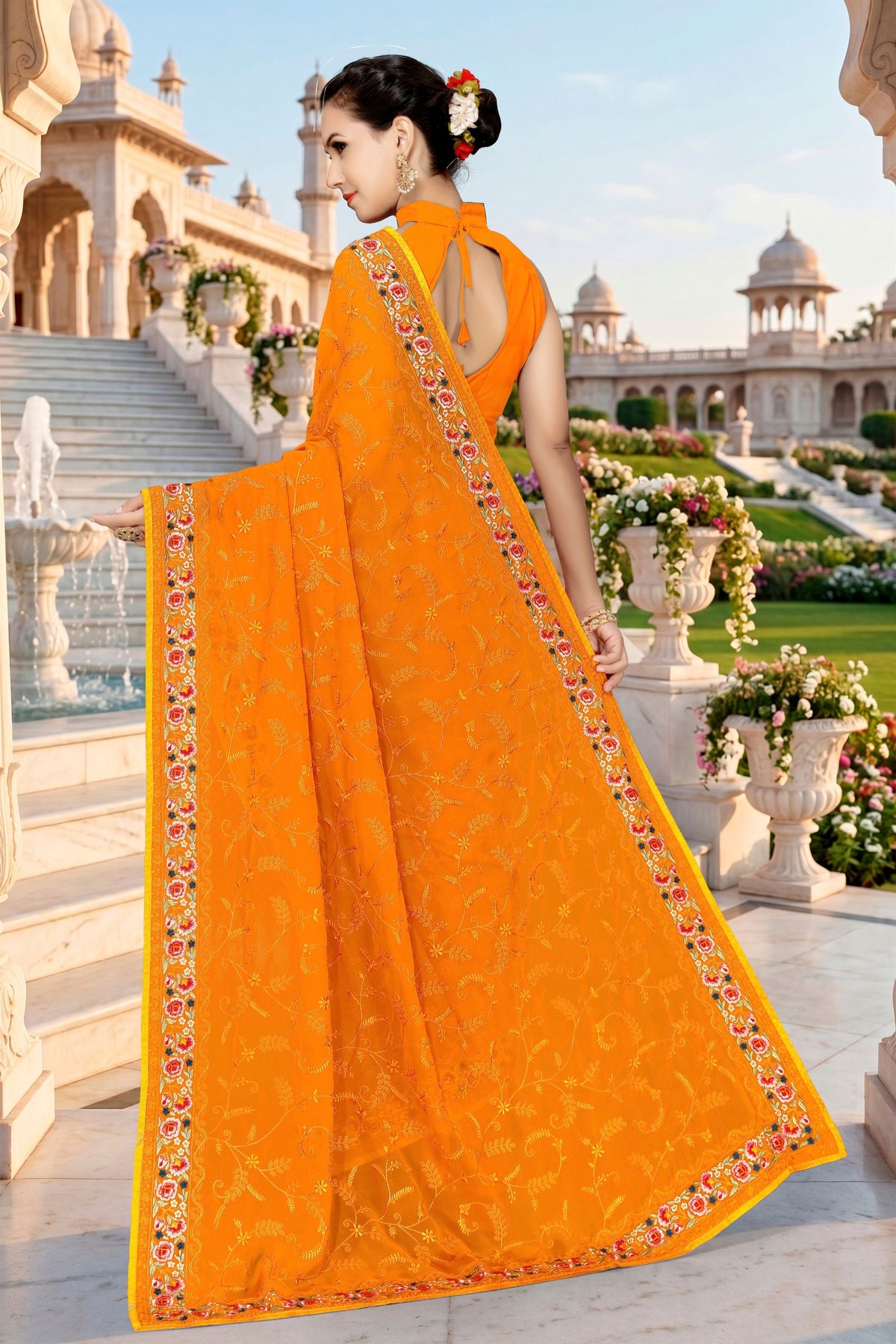 Premium Orange Georgette Heavy Resham Embroidery Work Saree for Women