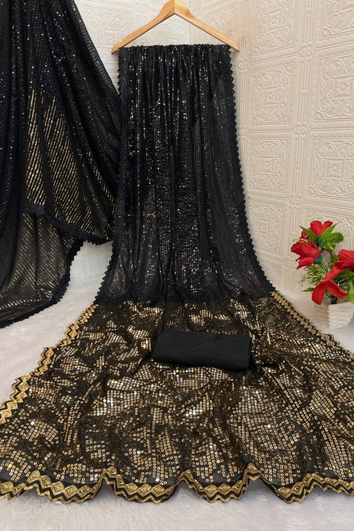 Stunning Black Georgette Sequin Work Saree Cutwork Lace for Women