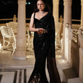 Stunning Black Georgette Sequin Work Saree Cutwork Lace for Women