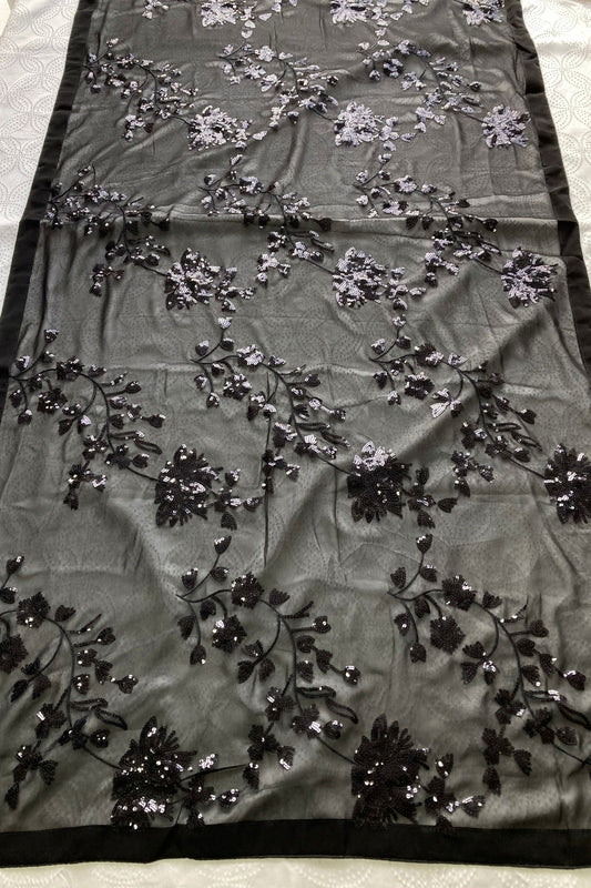 Stunning Black Georgette Sequin Work Designer Saree for Women