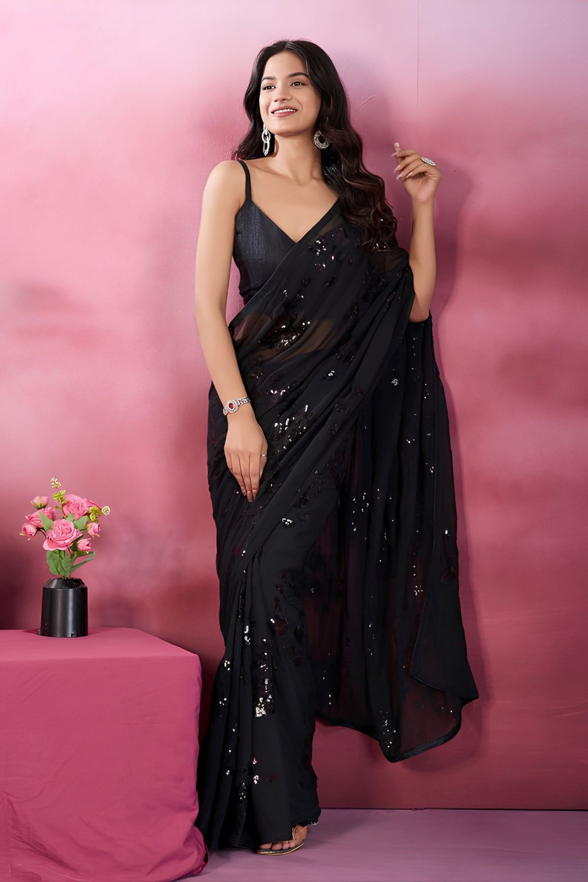 Stunning Black Georgette Sequin Work Designer Saree for Women
