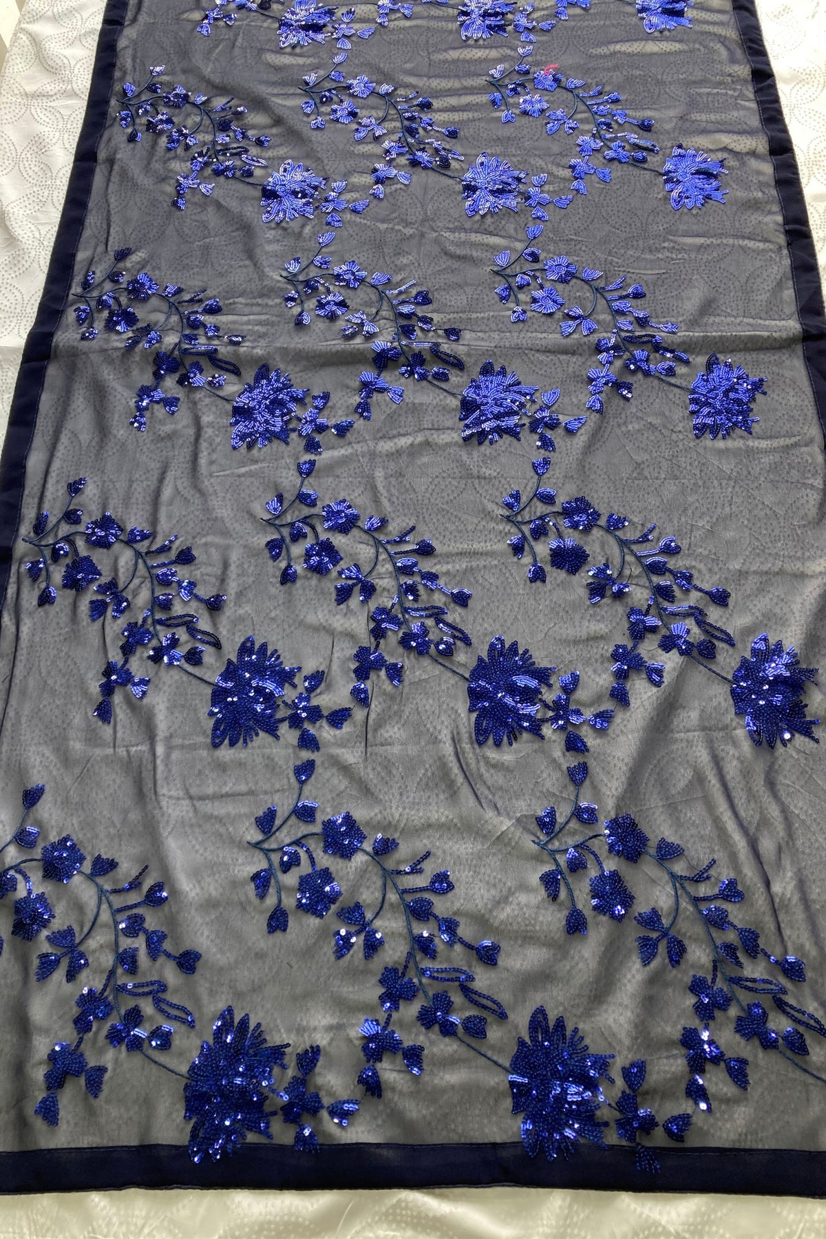 Adorable Navy Blue Georgette Sequin Embroidery Designer Saree for Women