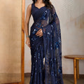 Adorable Navy Blue Georgette Sequin Embroidery Designer Saree for Women